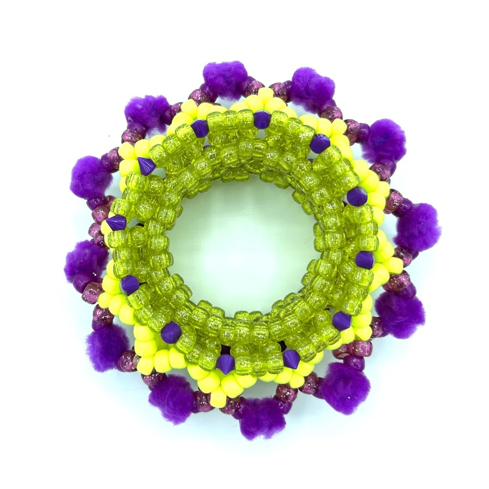💜💛 “Purple Pom Sparkle” Custom 3D UFO Mandala PLUR Rave Kandi Cuff